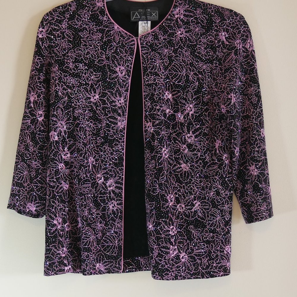 Alex Evenings Women's Petite Floral Glitter Cocktail Jacket